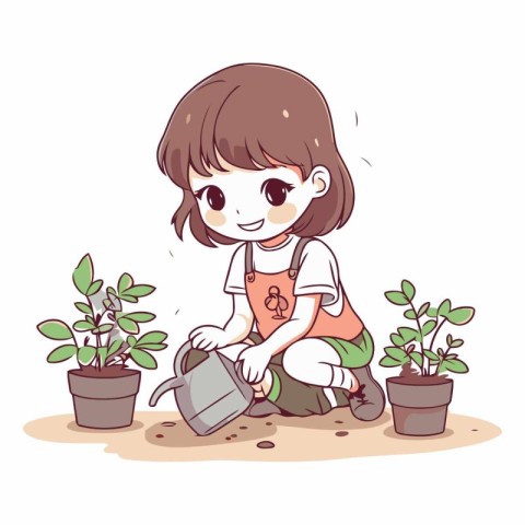 Illustration of a Cute Little Girl Watering Plants at Home