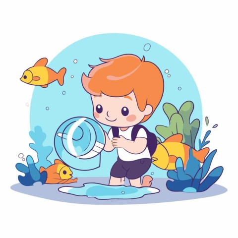 Cute little boy playing with fish in aquarium.