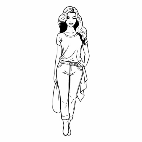 Fashion girl sketch of beautiful young woman in casual clothes.