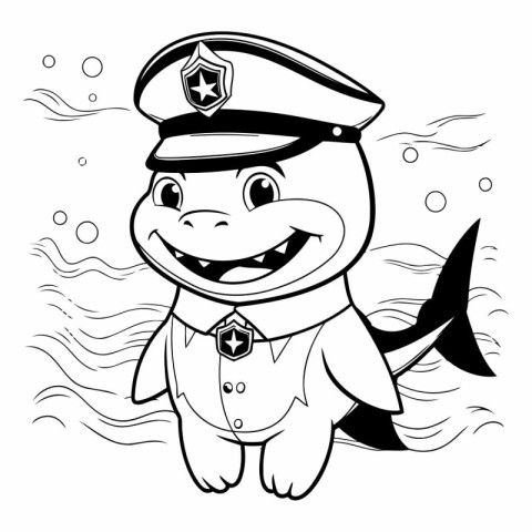 Black and White Cartoon Illustration of Cute Little Shark Captai