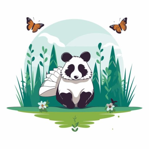 cute panda in the grass with butterflies vector illustration gra