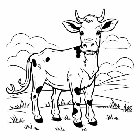 Cow in the field. Black and white vector illustration for colori