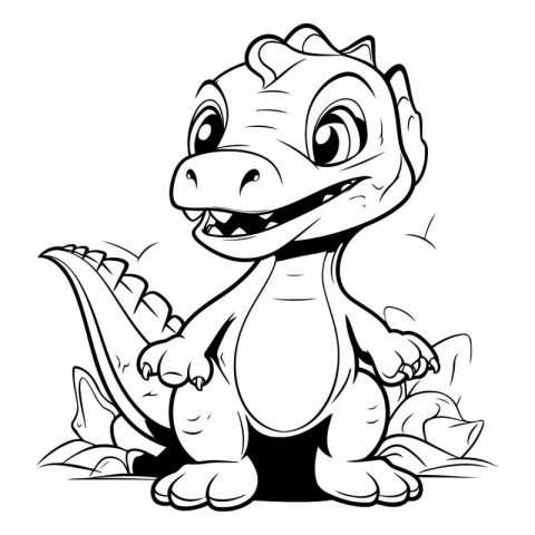 Cute Cartoon Dinosaur - Black and White Cartoon Illustration. Ve