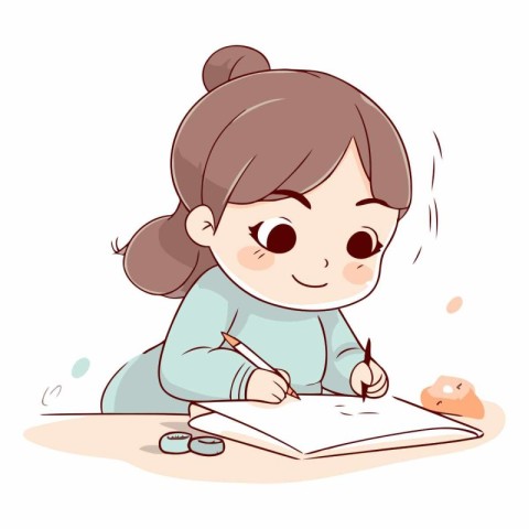 Illustration of a Cute Little Girl Studying with a Pencil