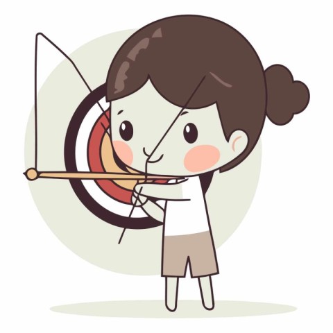 Girl aiming with bow and arrow of cartoon character.