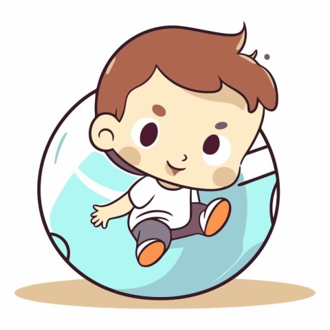 Cute little boy sitting on a ball. Vector cartoon illustration.