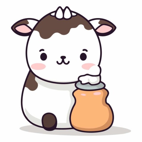 Cute cow with jar of milk. Cute cartoon vector illustration.