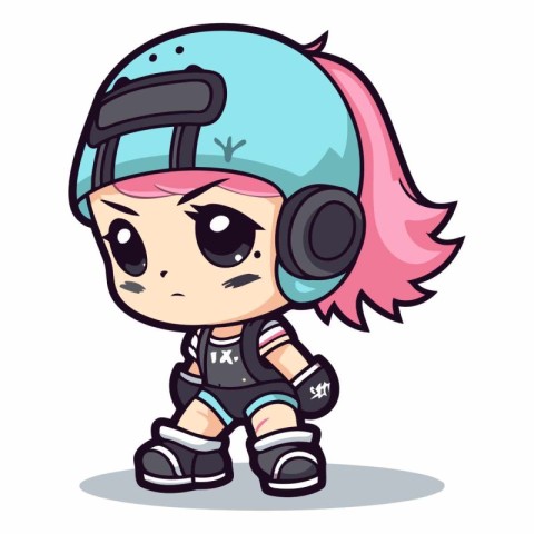 Cute girl wearing helmet and earphones cartoon character vector