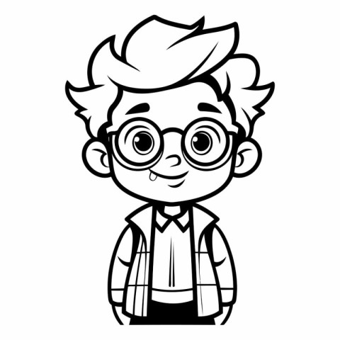 Black and White Cartoon Illustration of Cute Little Boy Student