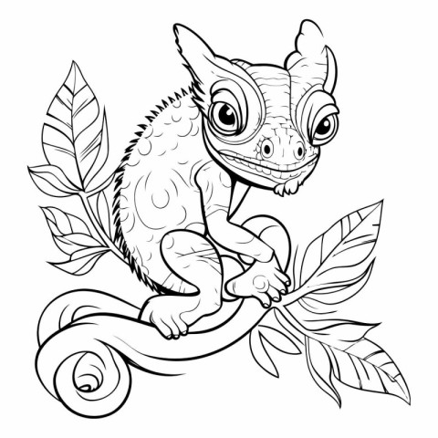 Cute chameleon with leaves. Coloring page for adults.