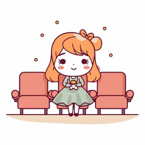 Cute little girl sitting on the sofa. Vector cartoon illustratio