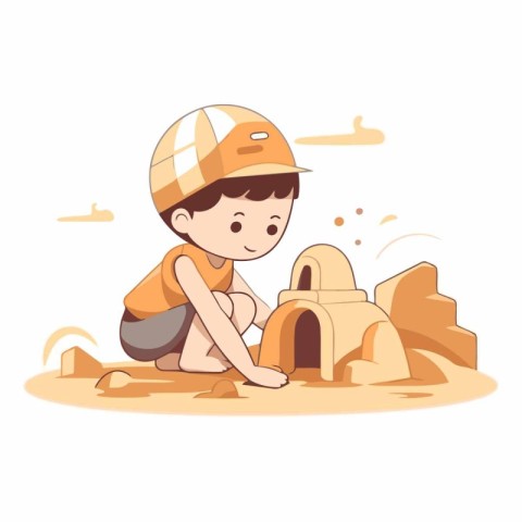 Cute boy playing sand castle in cartoon style.