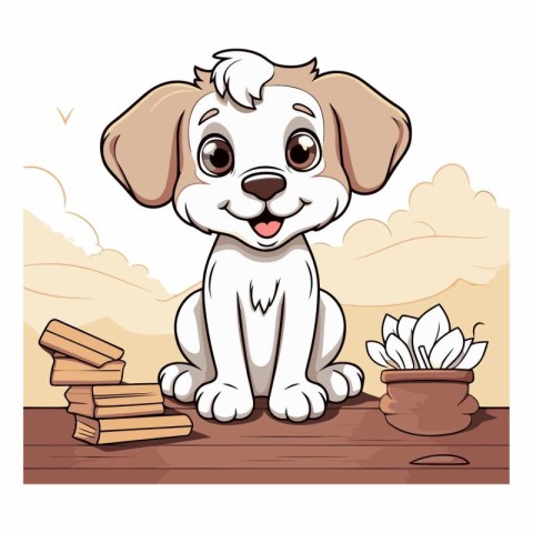 Cute puppy sitting on the wooden table with books.