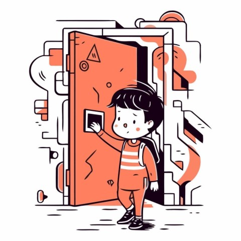 Little Boy Opening Door to School. Vector Linear Illustration on