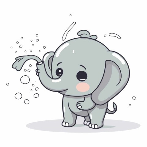 Cute little elephant playing with soap bubbles. Vector cartoon i