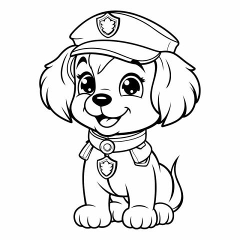 Black and White Cartoon Illustration of Cute Puppy Police Dog Co