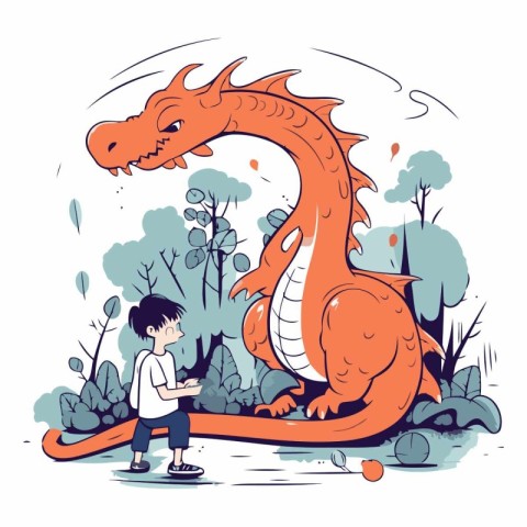 Little boy and dragon in the park. Cute vector illustration.