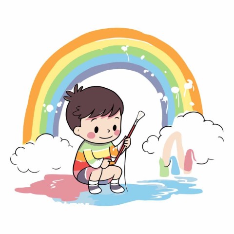 cute little boy playing with a stick and a rainbow vector illust