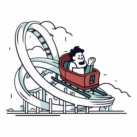 Vector illustration of happy man riding a roller coaster in amus