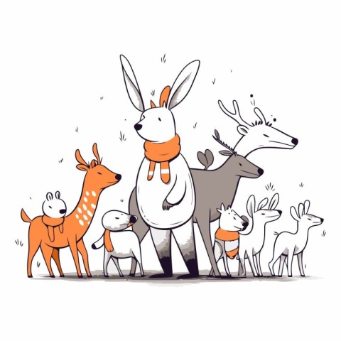 Cartoon illustration of a group of deer and reindeers.