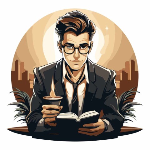 Vector illustration of a young man reading a book and drinking c