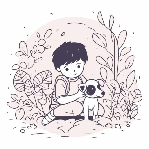 Boy and dog in the garden. Hand drawn vector illustration in car