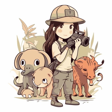 Vector illustration of a girl with a camera and a team of wild a