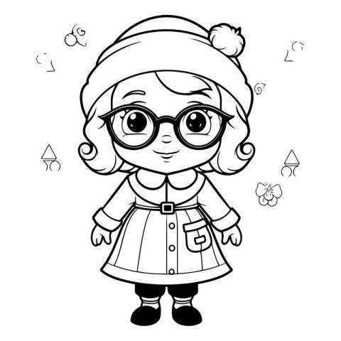 Black and White Cartoon Illustration of Cute Little Girl in Wint