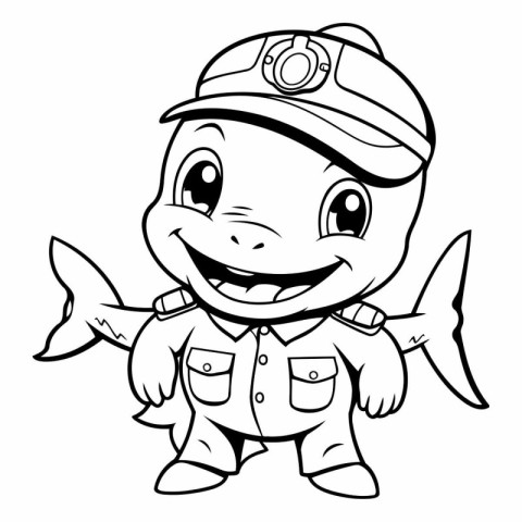 Black and White Cartoon Illustration of Cute Little Fish Captain