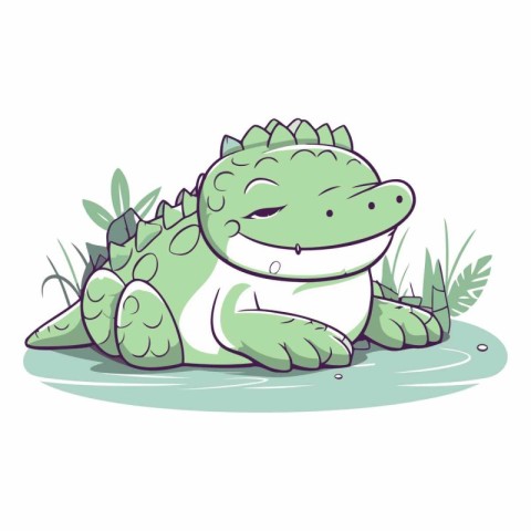 Cute crocodile cartoon in the grass on white background.