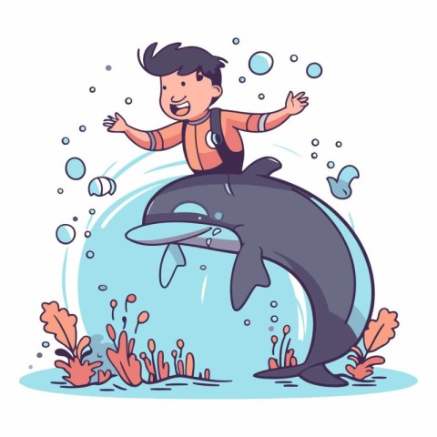 Little boy swimming with a dolphin in cartoon style.