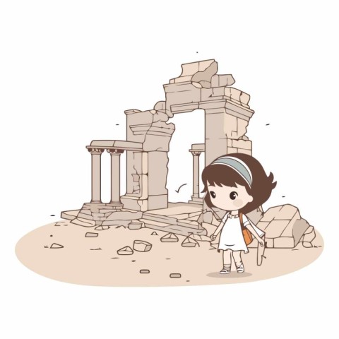 Cute little girl standing in front of ancient ruins.