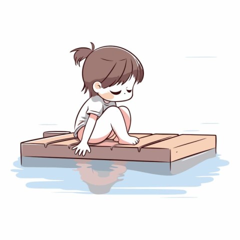 Little girl sitting on a wooden raft in the water.