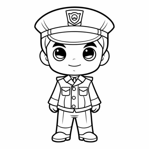 Black and White Cartoon Illustration of Cute Little Boy Captain