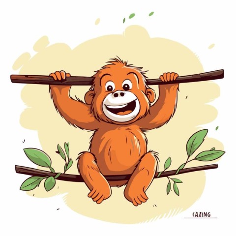 Vector illustration of a funny cartoon baby orangutan on a branc