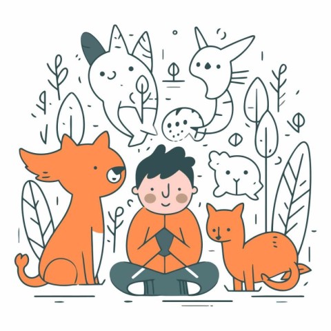 Vector illustration of a boy meditating with a cat and dog.