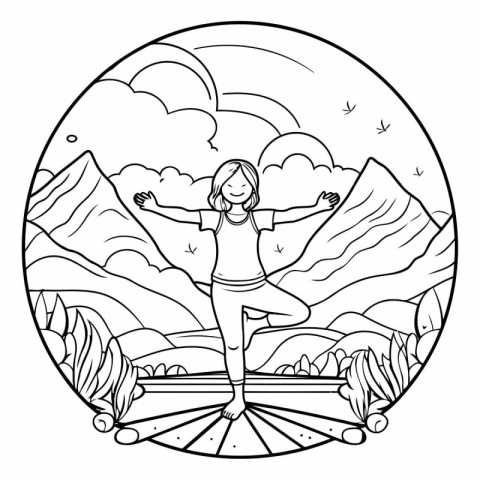 Line art illustration of a woman practicing yoga in the park wit