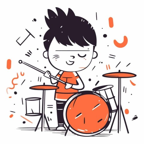 Cute little boy playing drums. Vector hand drawn cartoon illustr