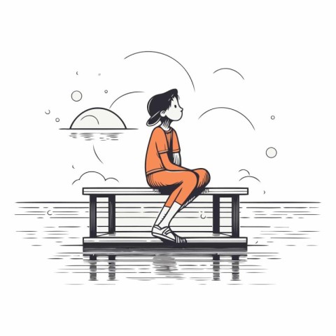 Vector illustration of a girl sitting on a bench in the sea.