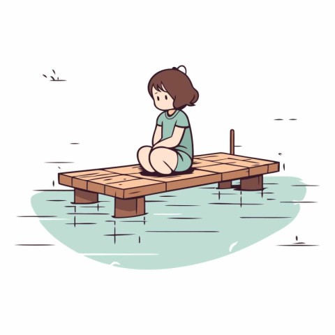 Illustration of a little girl sitting on a wooden pier and think