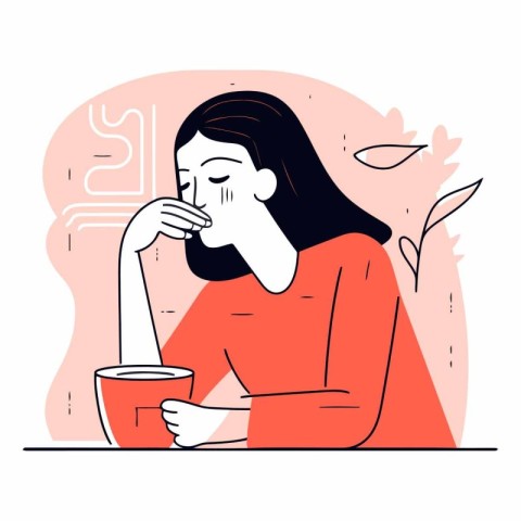 Illustration of woman suffering from cold. flu. runny nose.