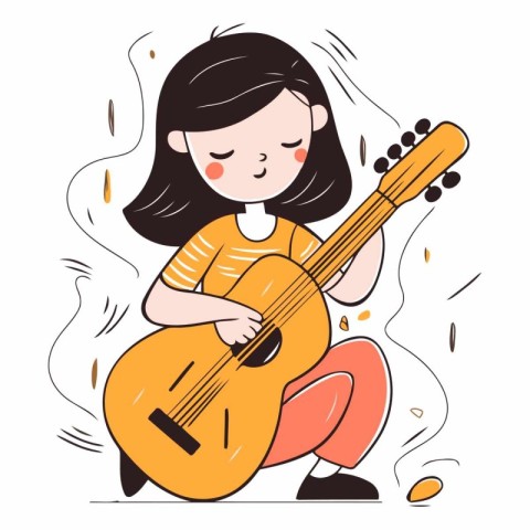 Little girl playing acoustic guitar. Cute vector illustration in