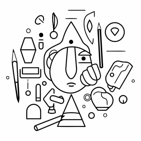 Vector line art illustration of a boy with a paint brush in his