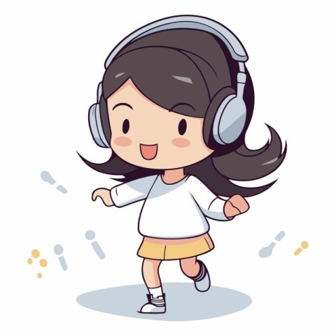 Girl listening to music with headphones in cartoon style.