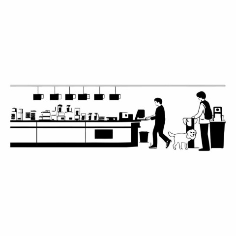 Coffee shop with people and dog black and white vector illustrat