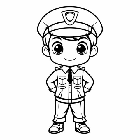 Black and White Cartoon Illustration of Cute Little Boy Captain