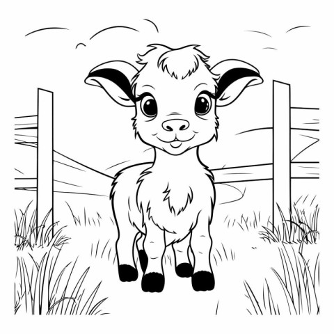 Cute baby goat standing on the grass. Black and white vector ill