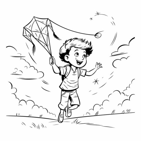 Boy playing with kite - black and white vector illustration for