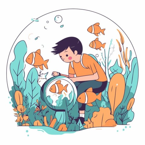 Cute cartoon boy playing with fish in aquarium.