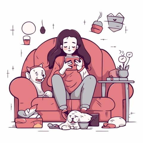 Cute cartoon girl sitting on the sofa with cat and dog.